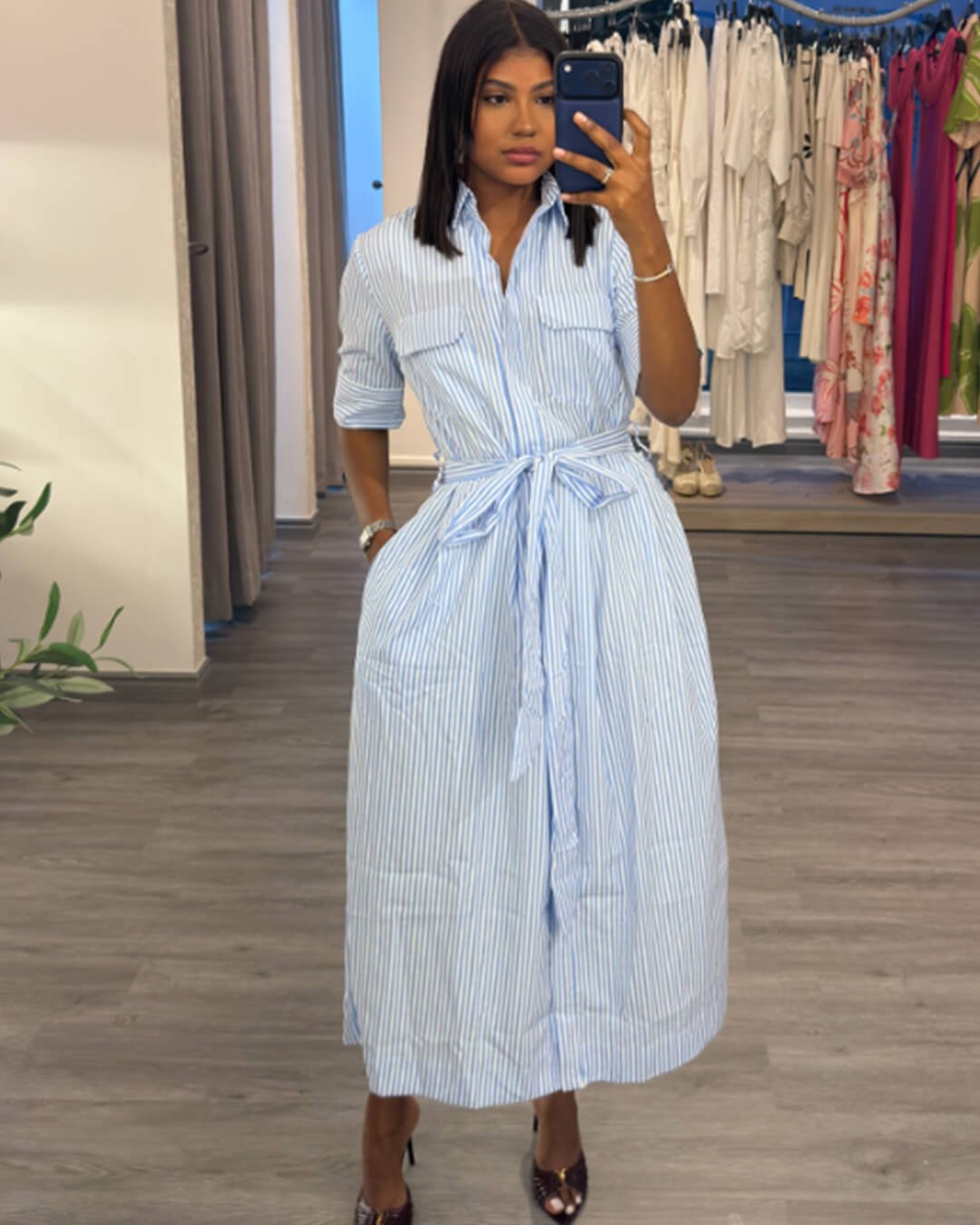Winona Striped Lace-Up Collar Maxi Dress