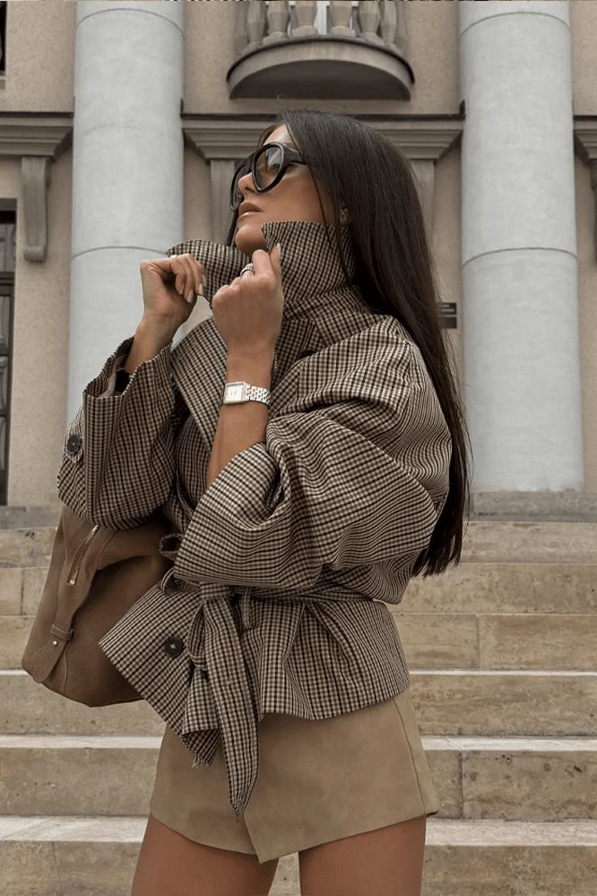 ZEYA - Fiona Plaid Funnel Collar Trench Coat