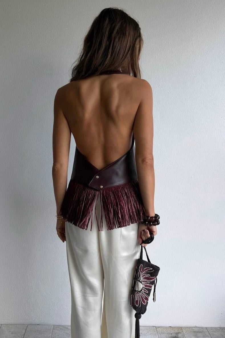 ZEYA - Gina Faux Leather Fringe Halter Top