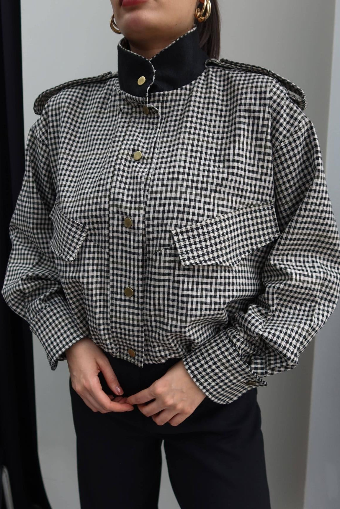 ZEYA - Lisa High Neck Checked Bomber Jacket