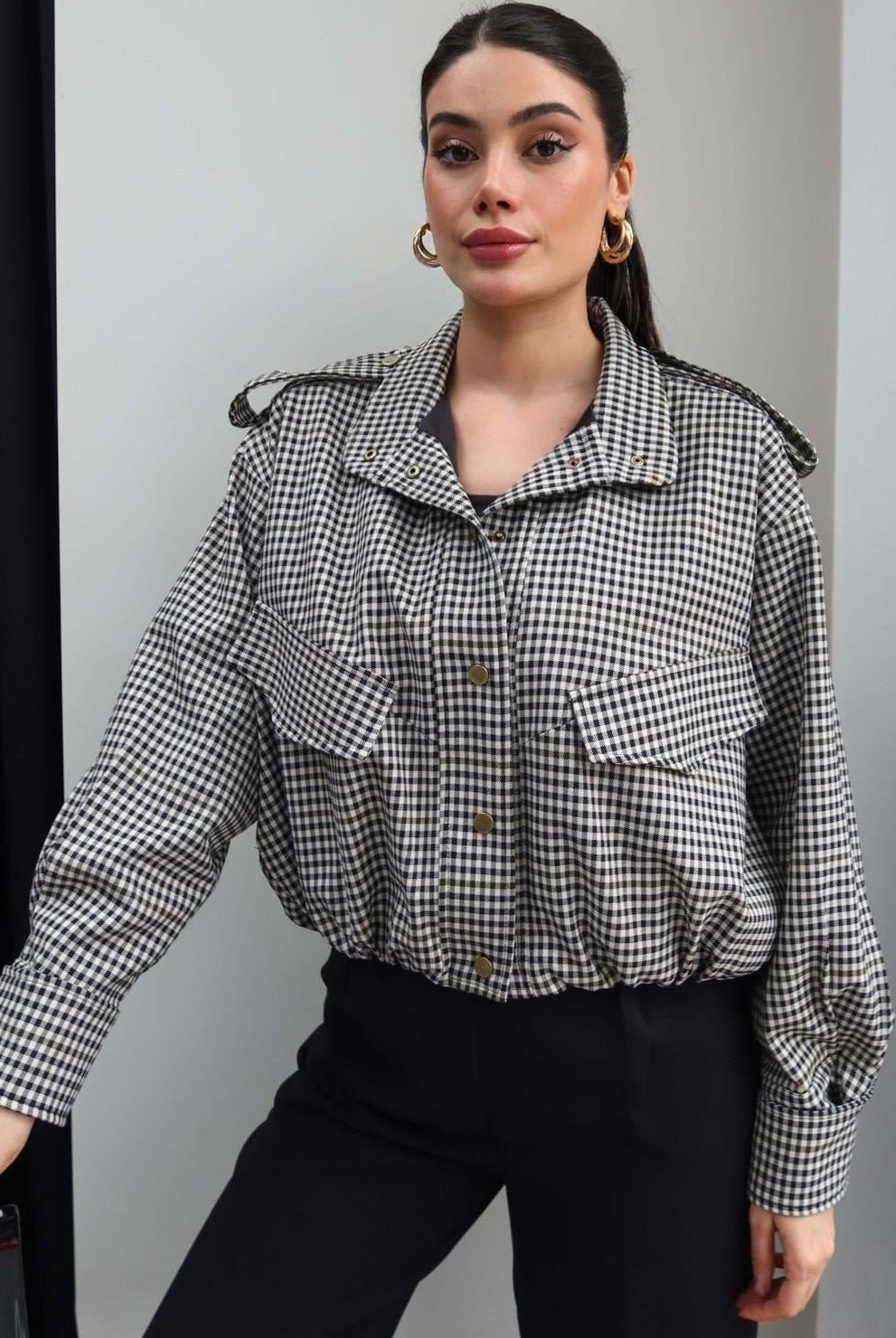 ZEYA - Lisa High Neck Checked Bomber Jacket
