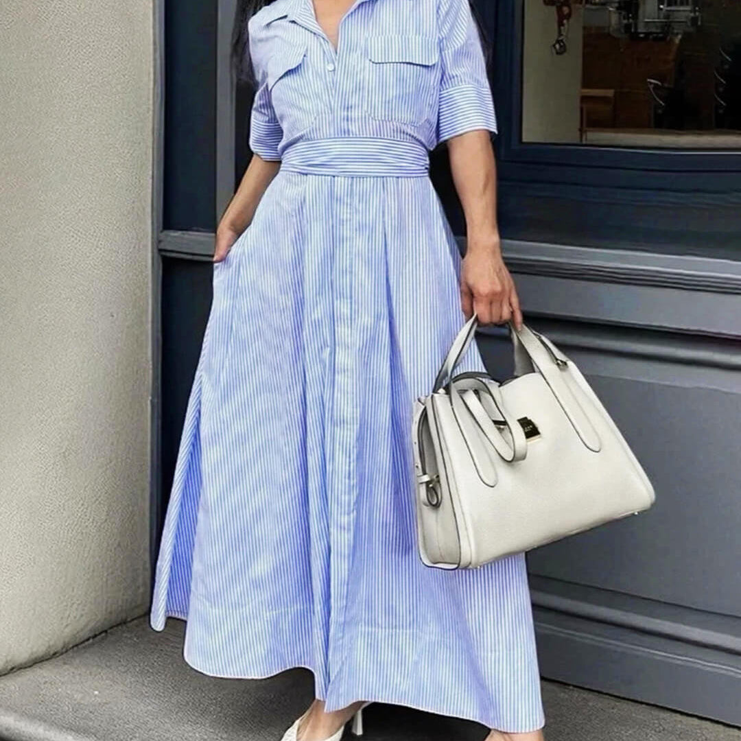 ZEYA - Winona Striped Lace-Up Collar Maxi Dress