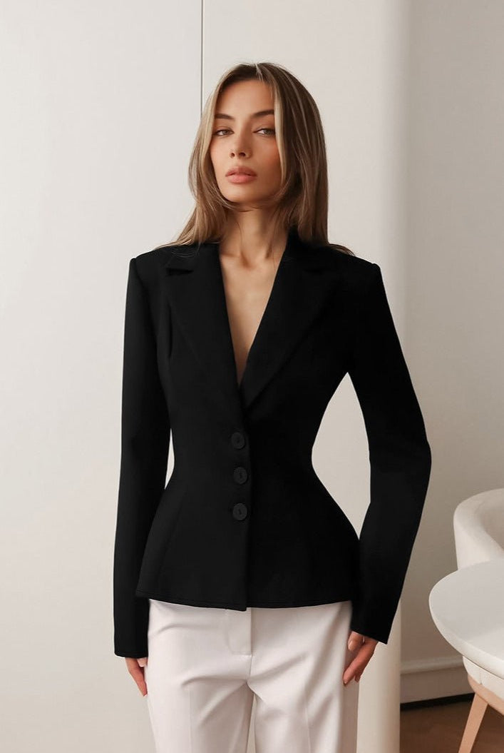ZEYA - Yui Fitted V - Neck Padded Shoulder Blazer