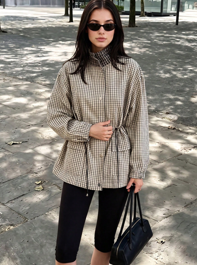 Isabel High-Neck Plaid Jacket