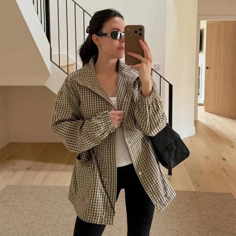 Sarah Vintage Plaid Waist-Cinched Jacket