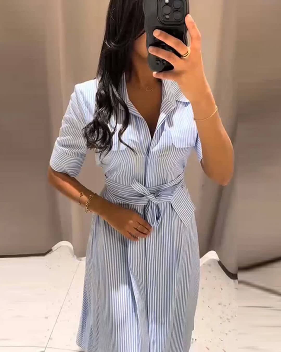 Winona Striped Lace-Up Collar Maxi Dress