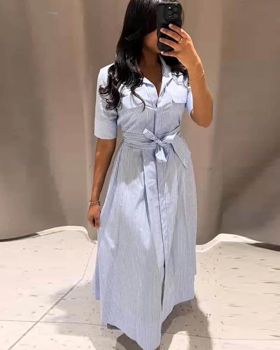 Winona Striped Lace-Up Collar Maxi Dress