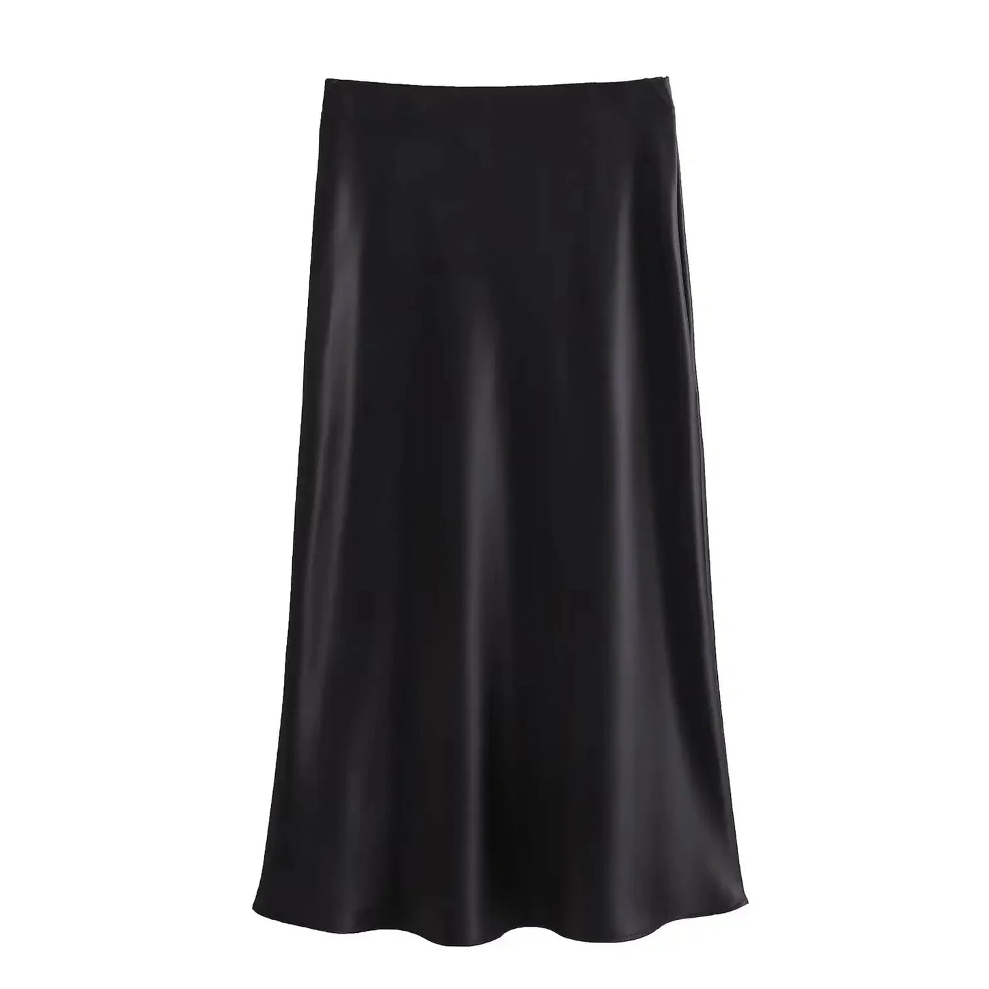 Hilde High Waist Black Satin Midi Skirt