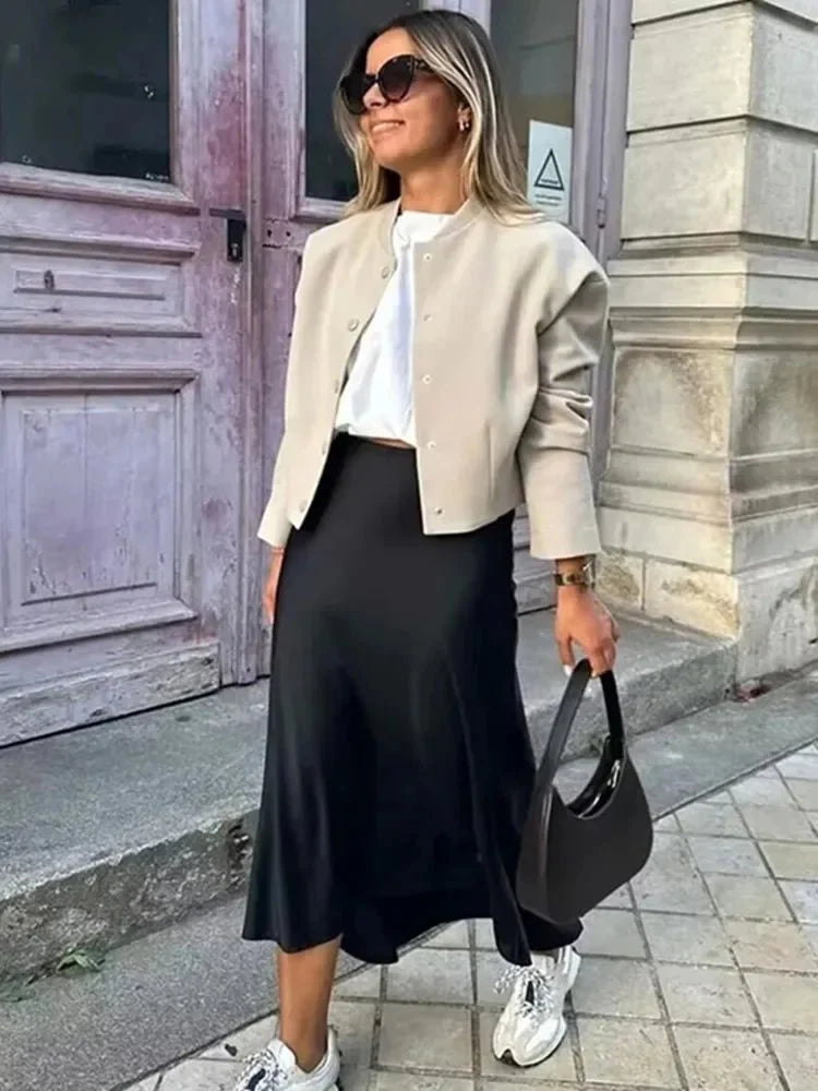 Hilde High Waist Black Satin Midi Skirt