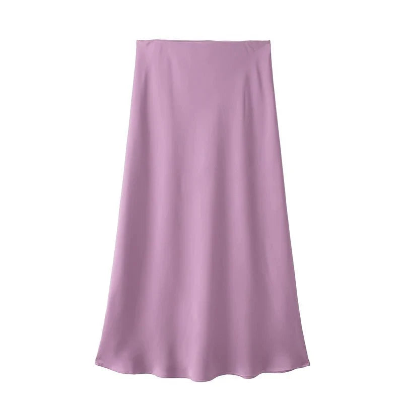 Hilde High Waist Black Satin Midi Skirt