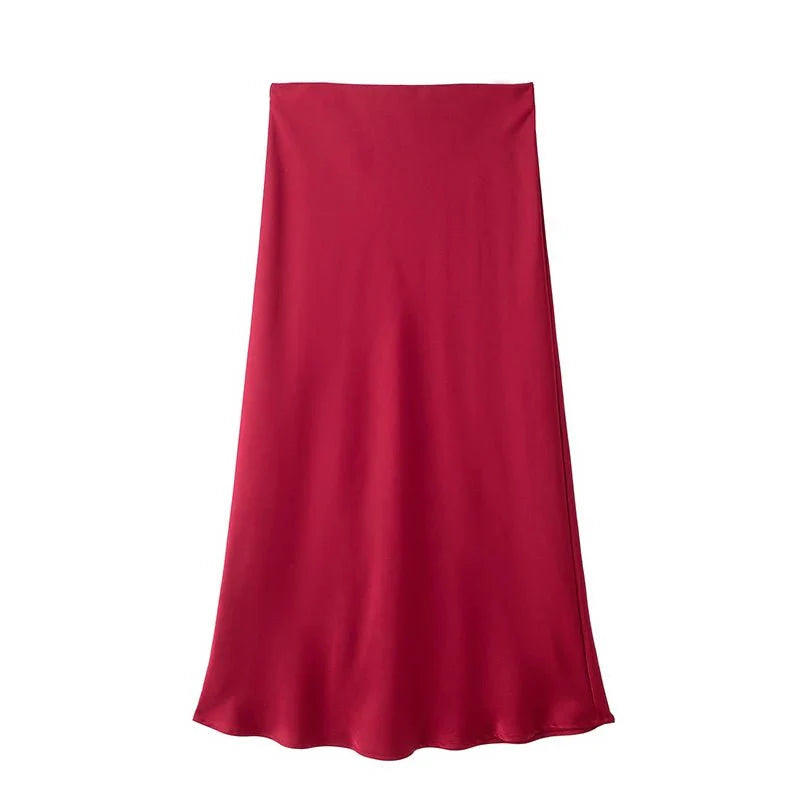 Hilde High Waist Black Satin Midi Skirt