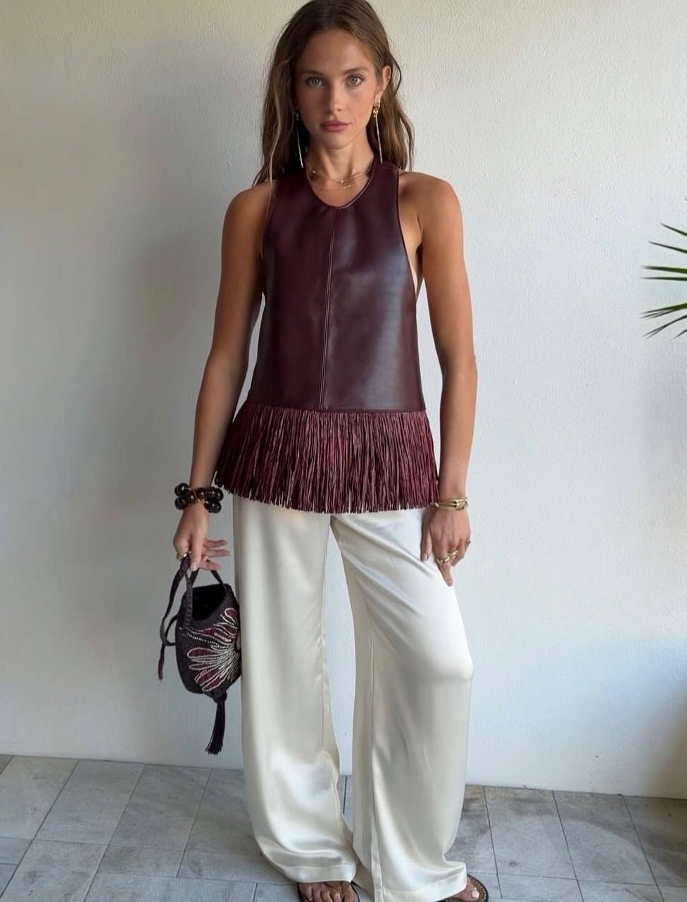 Gina Faux Leather Fringe Halter Top
