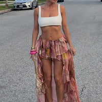 Amarante Floral Ruffled Asymmetrical Skirt