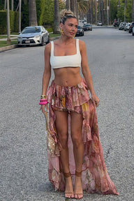 Amarante Floral Ruffled Asymmetrical Skirt
