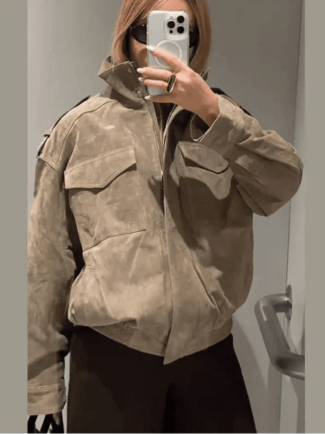 ZEYA - Bianca High Neck Suede Pocket Jacket