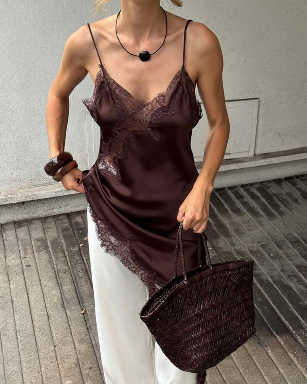 ZEYA - Chiara Asymmetric Satin Lace Midi Dress