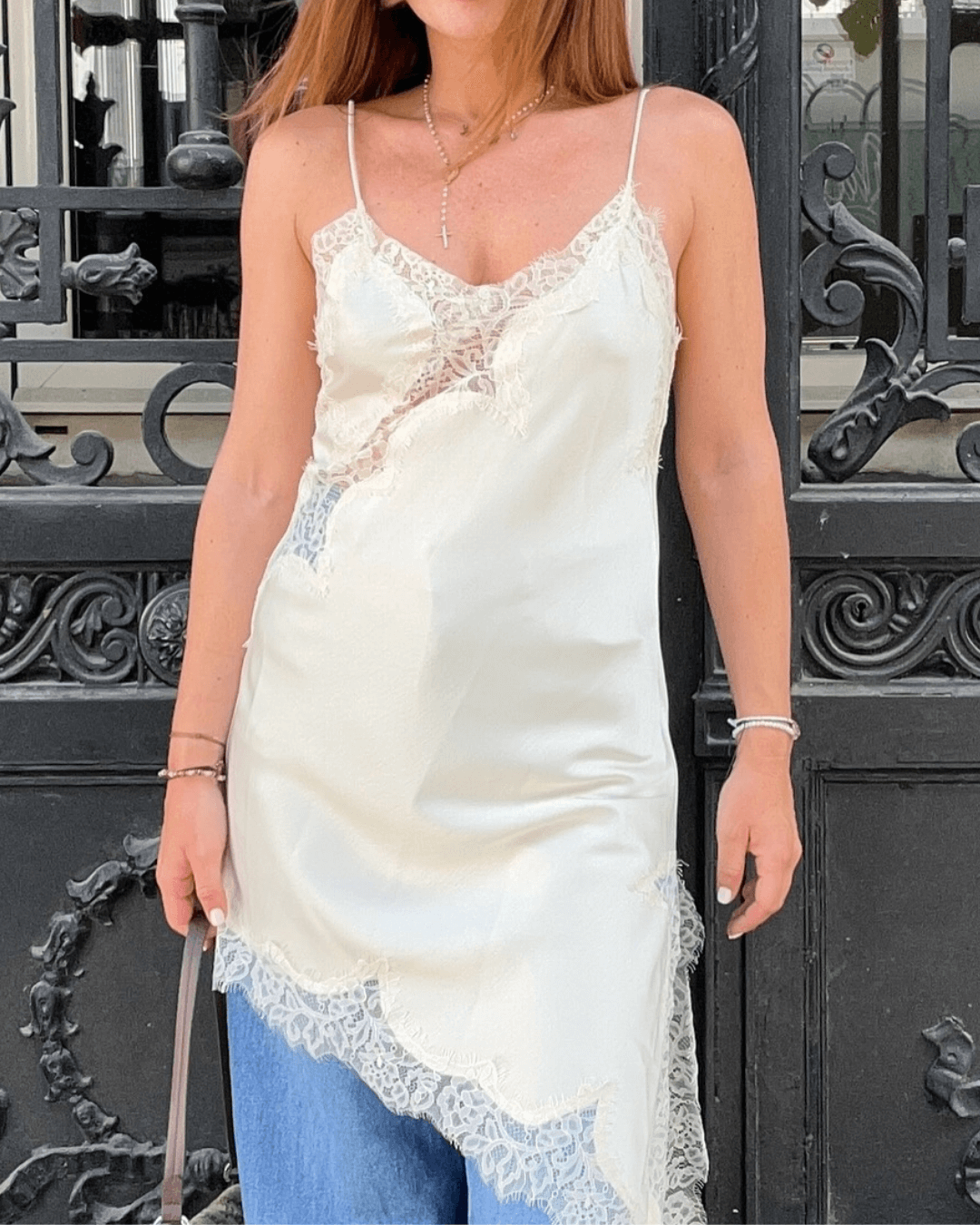 ZEYA - Chiara Asymmetric Satin Lace Midi Dress