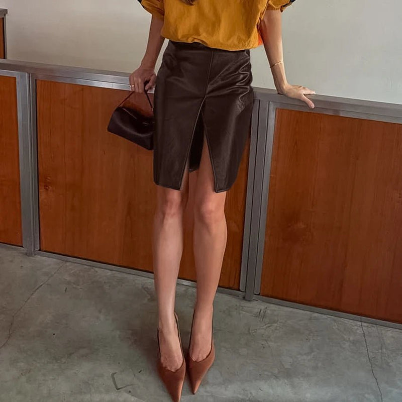 Ellie Split Knee Vegan Leather Skirt