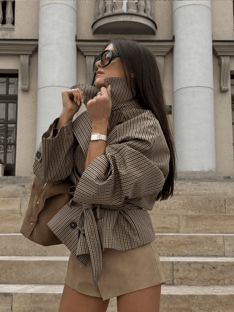 ZEYA - Fiona Plaid Funnel Collar Trench Coat