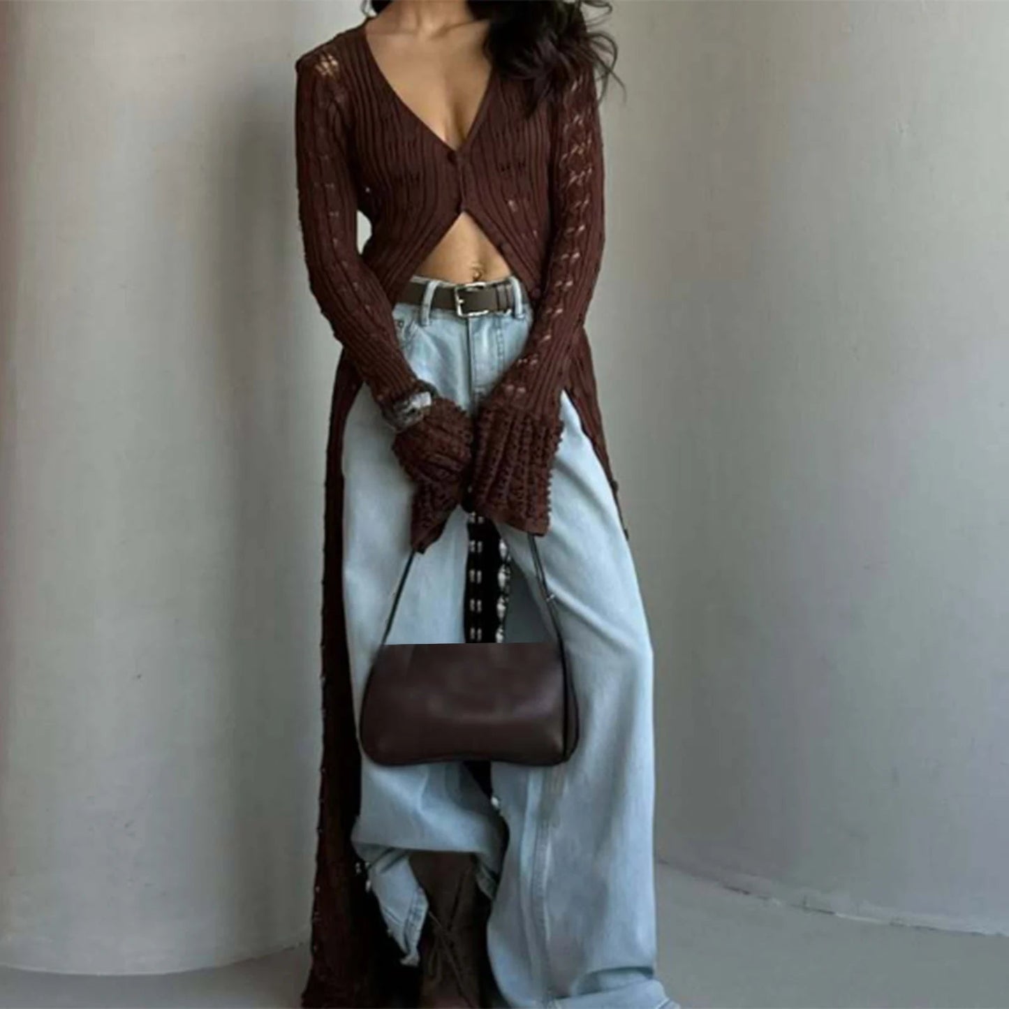 ZEYA - Genevra Hollowed V - Neck Long Cardigan