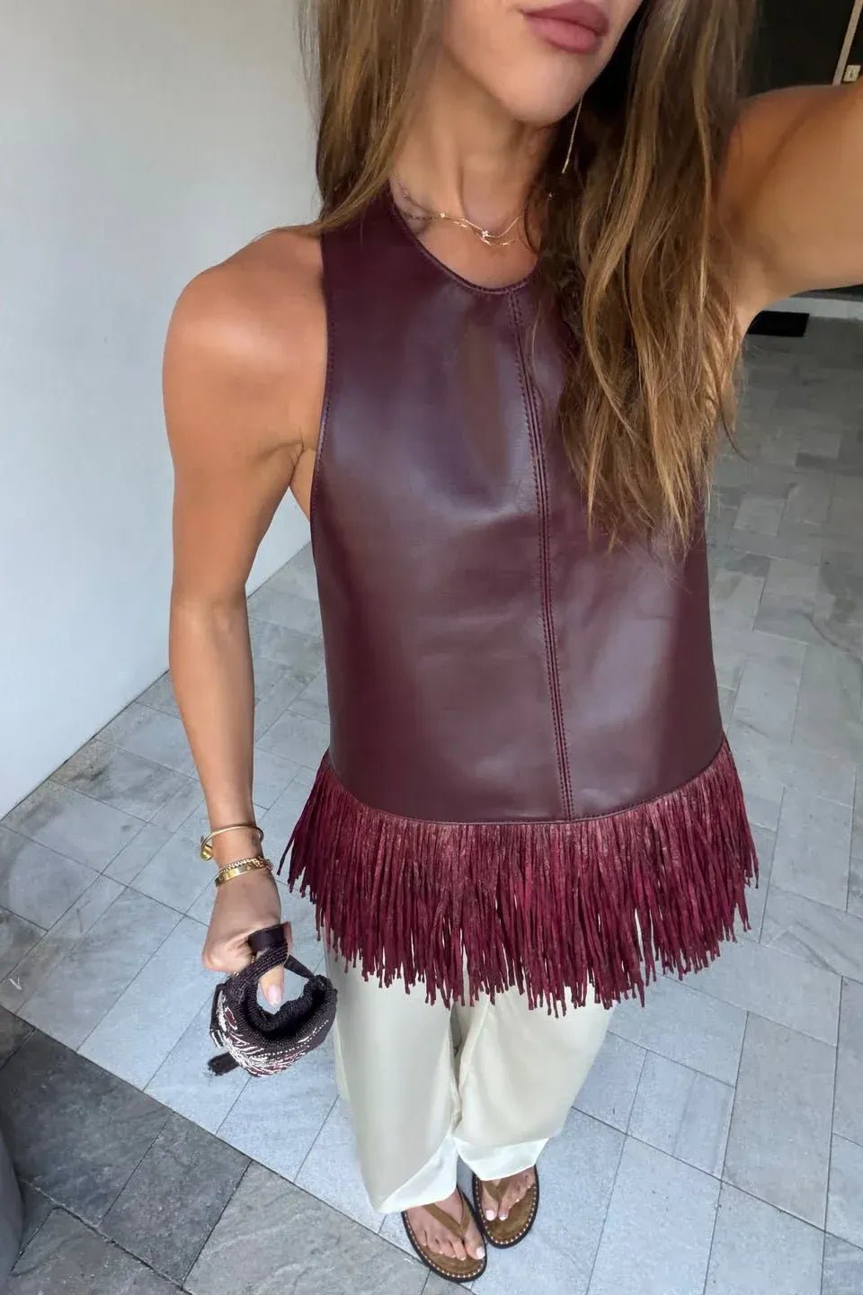 ZEYA - Gina Faux Leather Fringe Halter Top