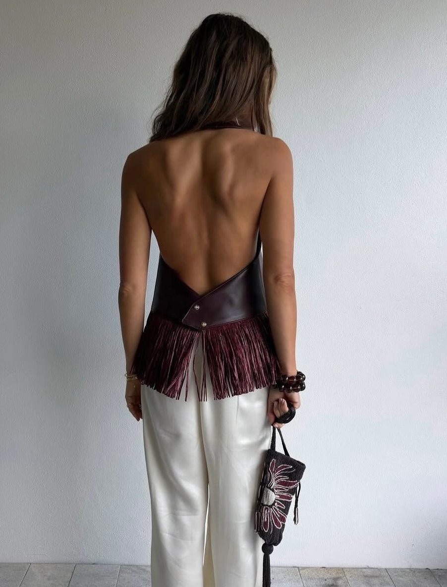 ZEYA - Gina Faux Leather Fringe Halter Top