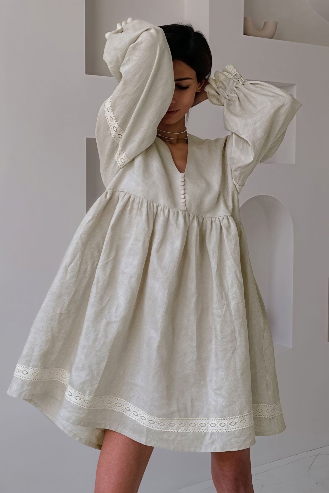 ZEYA - Hermione Cotton Linen V - Neck Lantern Sleeve Mini Dress