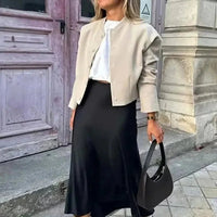Hilde High Waist Black Satin Midi Skirt