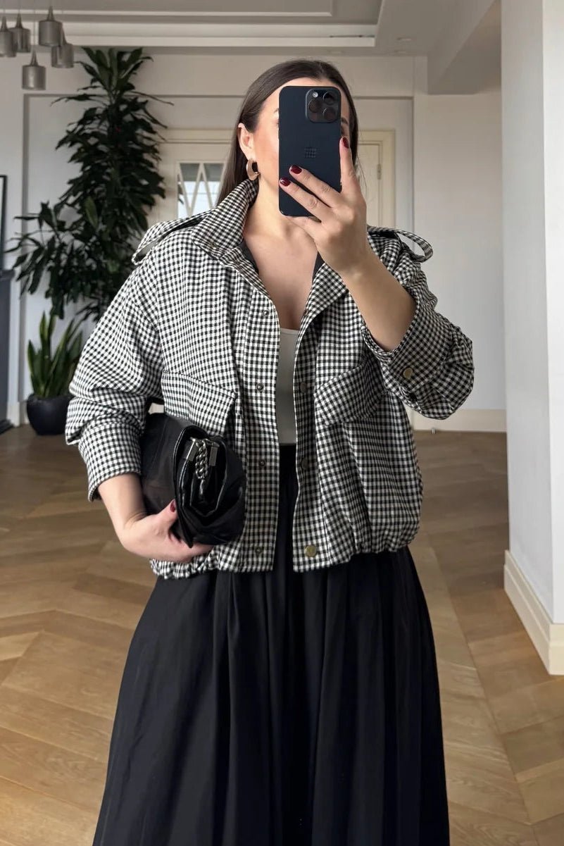 ZEYA - Lisa High Neck Checked Bomber Jacket