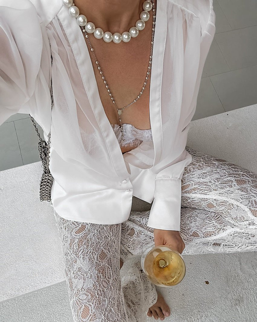 ZEYA - Lydia Deep Neck Sheer Button Blouse