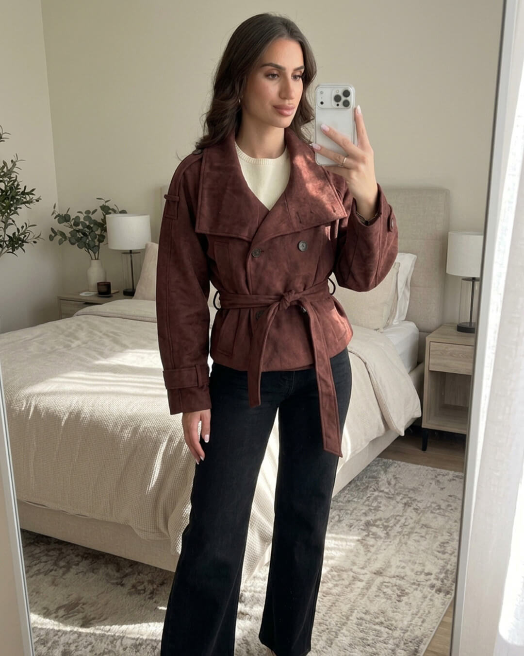 ZEYA - Nicole Funnel Neck Faux Suede Belted Jacket