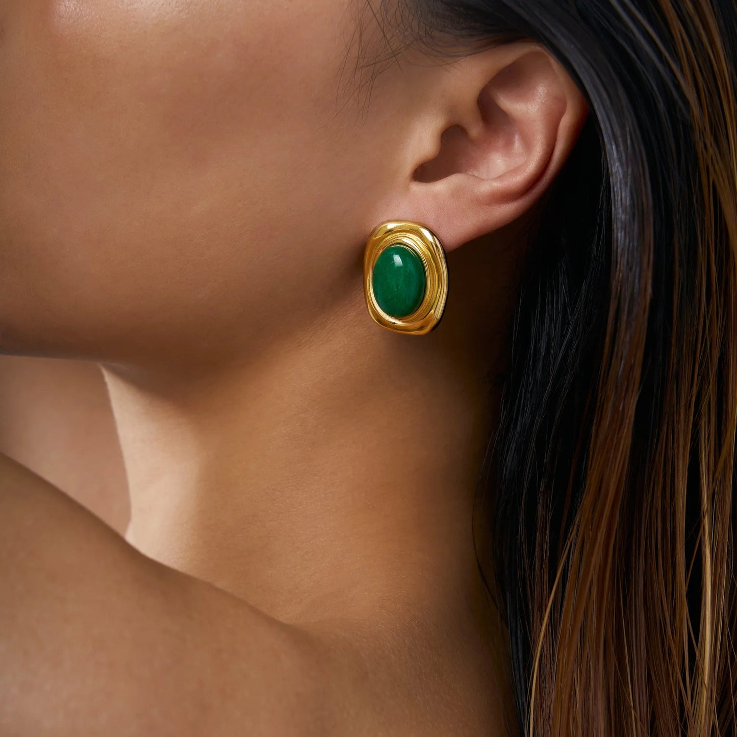 ZEYA - Olivia - Vintage Oval Gold Earrings with Natural Stones