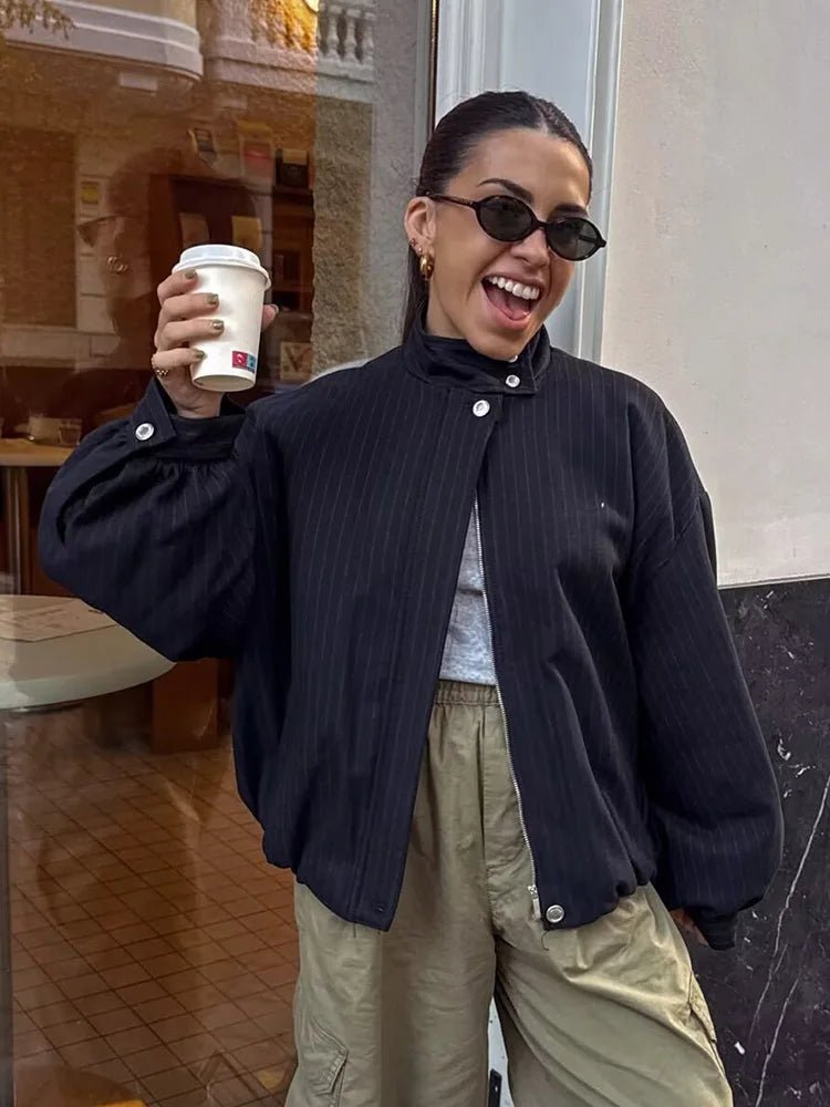 ZEYA - Orla Pinstripe Bomber Jacket
