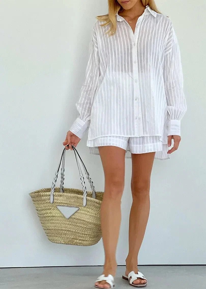 ZEYA - Rinaya Striped Cotton Shirt and Shorts Set