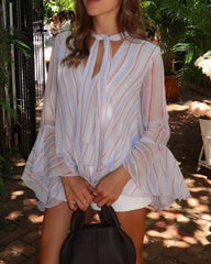 Sandra Stripe Ruffle Tie-Neck Blouse