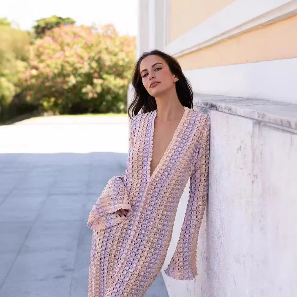 Sophia Crochet Stripe Flare Sleeve Maxi Dress