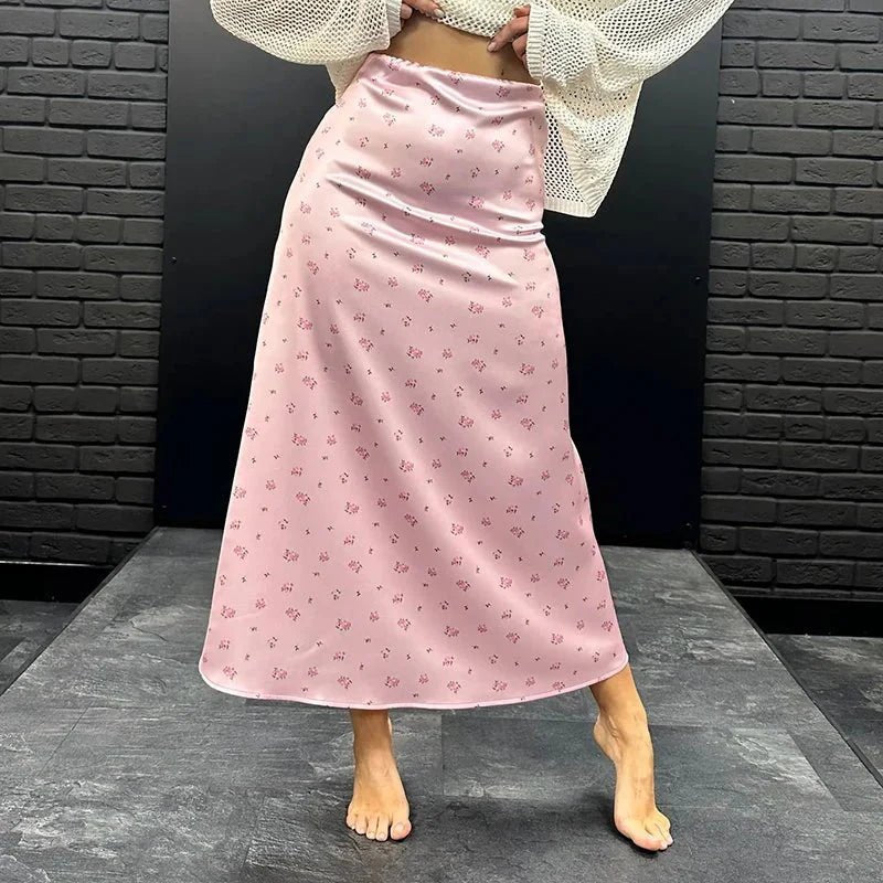 ZEYA - Sophia High Waist Satin Printed Midi Skirt