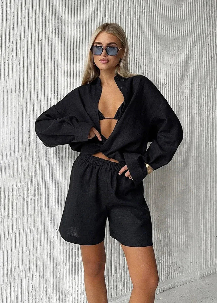 ZEYA - Sophia White Linen Shirt and Shorts Set