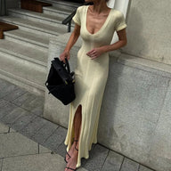 Suri Ribbed Knit Maxi Dress Deep V-Neck High Slit